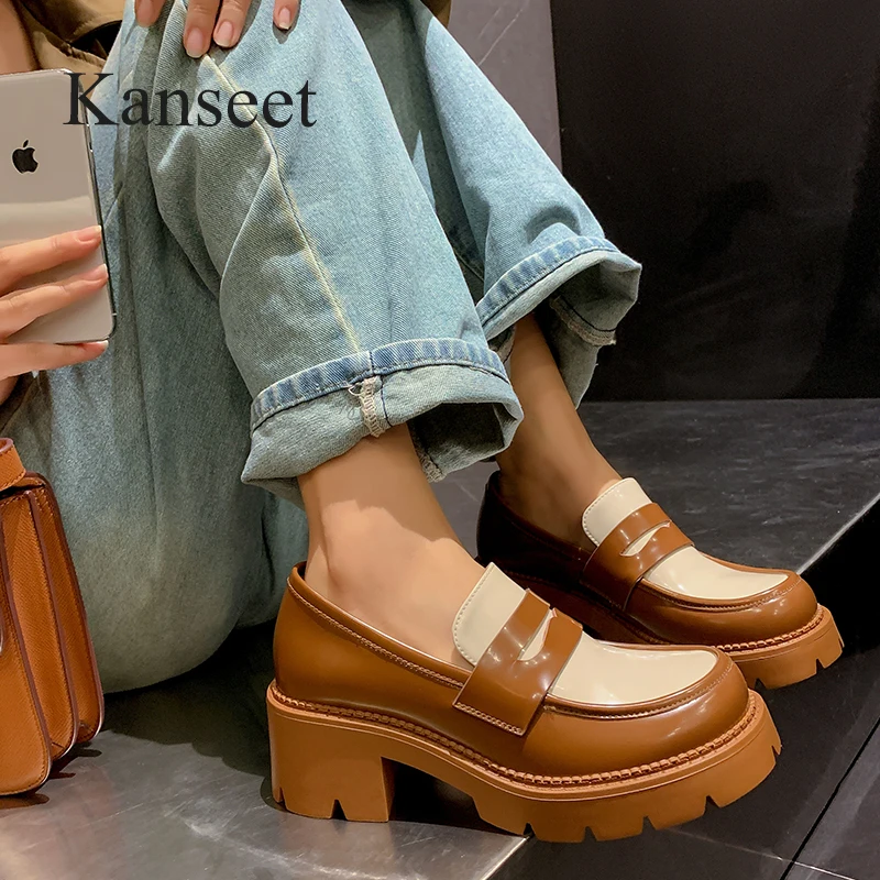 

Kanseet Platform Loafers Women Shoes 2023 Spring New Round Toe Mixed Colors Causal Chunky Heels Genuine Leather Female Footwear