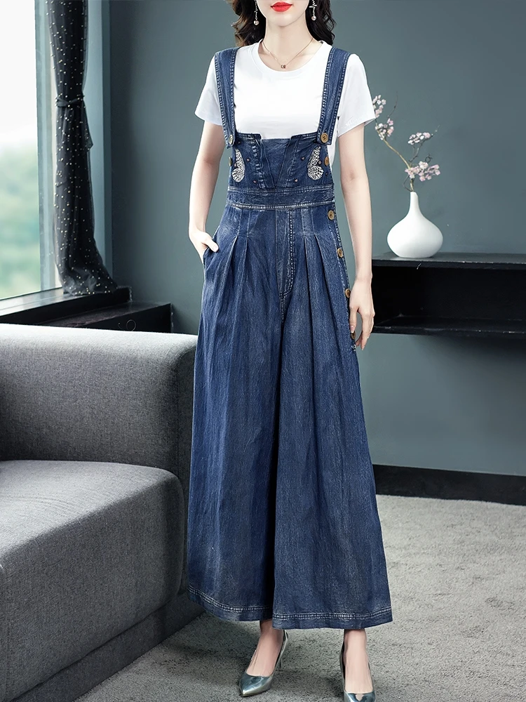 Free Shipping New Fashion Sleeveless Women Wide Leg Denim Embroidery Jumpsuit And Rompers S-XL Thin Summer Trousers With Pockets