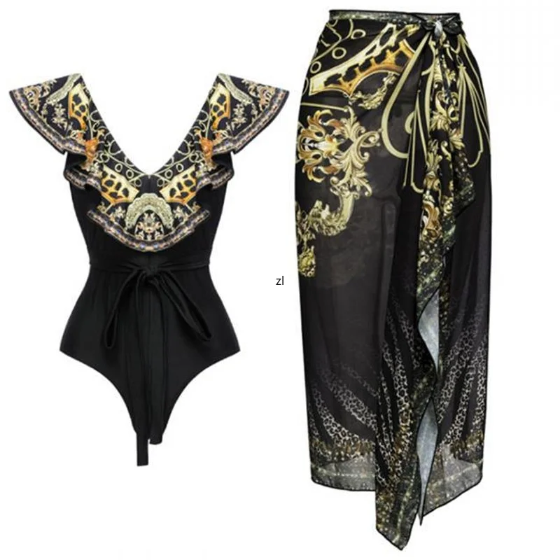 One Piece Swimsuit 2 Piece Sets Womens Outfits Luxury Summer Beach Dress Set Black Vintage Print Wrap Chest Sexy Swimsuit Set
