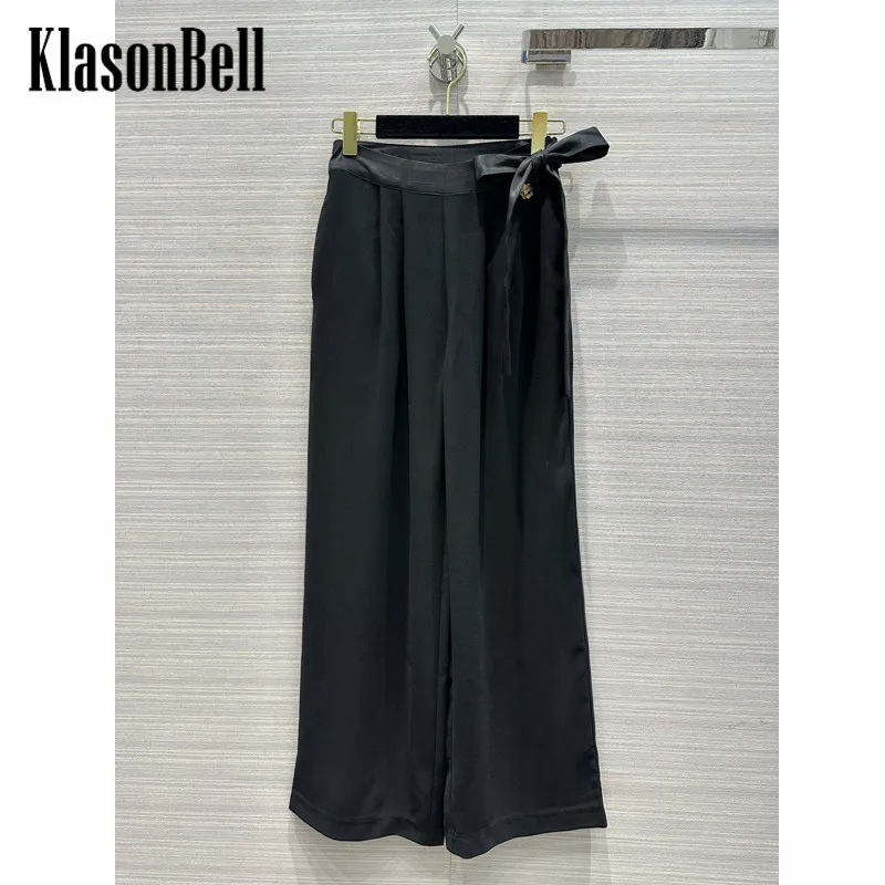 

12.22 KlasonBell Holiday Style Black Temperament Elegant Ribbon Bow Straight Wide Leg Pants Women