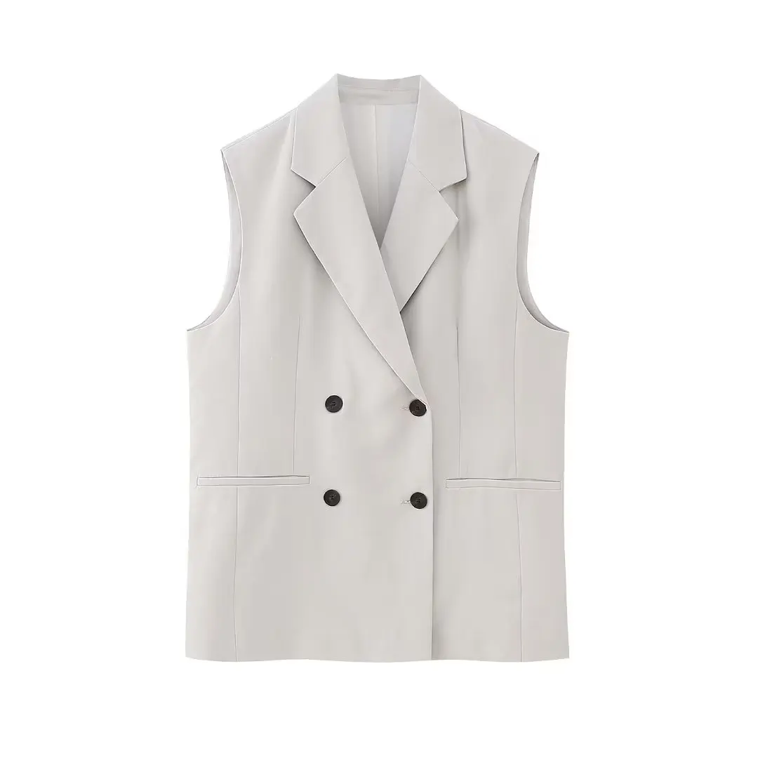 

Women Fashion Solid Vest Lapel Double Breasted Side Pockets Sleeveless Casual Female Vest Woman Tank Tops
