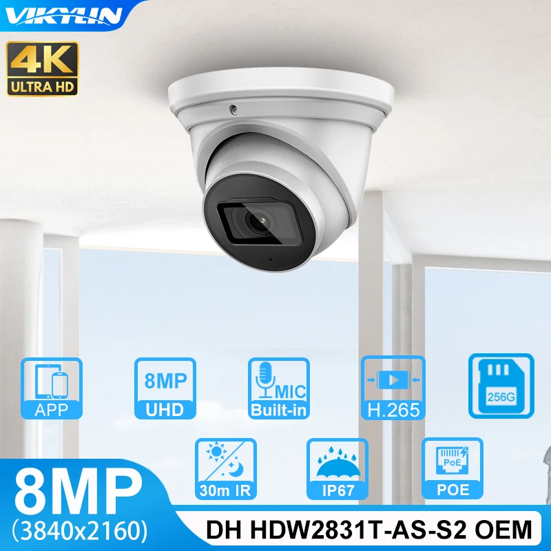 

Vikylin For Dahua 4K 8MP Outdoor Security Camera OEM HDW2831T-AS-S2 Home CCTV POE MIC SD Card Slot H.265 IR 30m IVS Onvif IP67