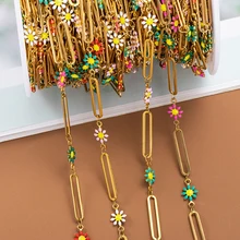 1Meter Stainless Steel Chain Enamel Daisy Flower Beaded Charm Paper Clip Chains for Jewelry Making Necklace Bracelet DIY