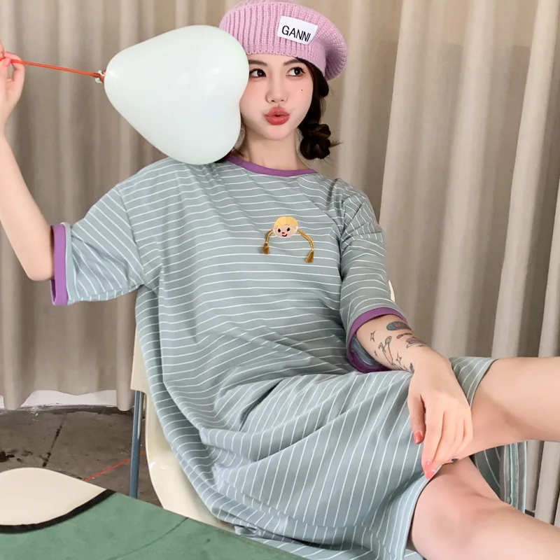 Pajamas for Women's Summer Cotton Short-sleeved Nightgowns with Round Neck Striped Sleepwear Elegant and Cute Style Loungewear
