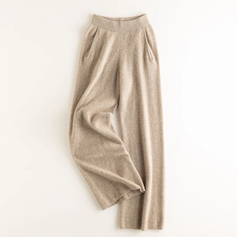 2021 New Autumn Winter Women 100% Cashmere Pants Soft Comfortable High-Waist Knitted Female Cashmere Thicken Wide Leg Pant