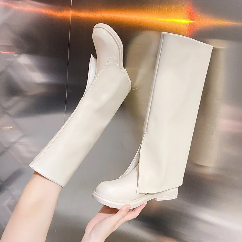 

Large Size Women's Boots 2022 New Winter Slimming Net Red All-match High Tube But Knee Square Toe Flat Knight Boots shoes woman