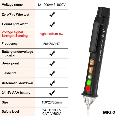 Детектор напряжения, умный бесконтактный тестер напряжения, ручка-метр 12-1000 В, электрический датчик тока, карандаш, индикатор напряжения