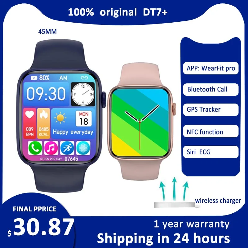 

Original Iwo DT7+ Smart Watch Men Series 7 GPS Siri NFC Function Bluetooth Call Wireless Charger DT7 Plus Smartwatch 45mm