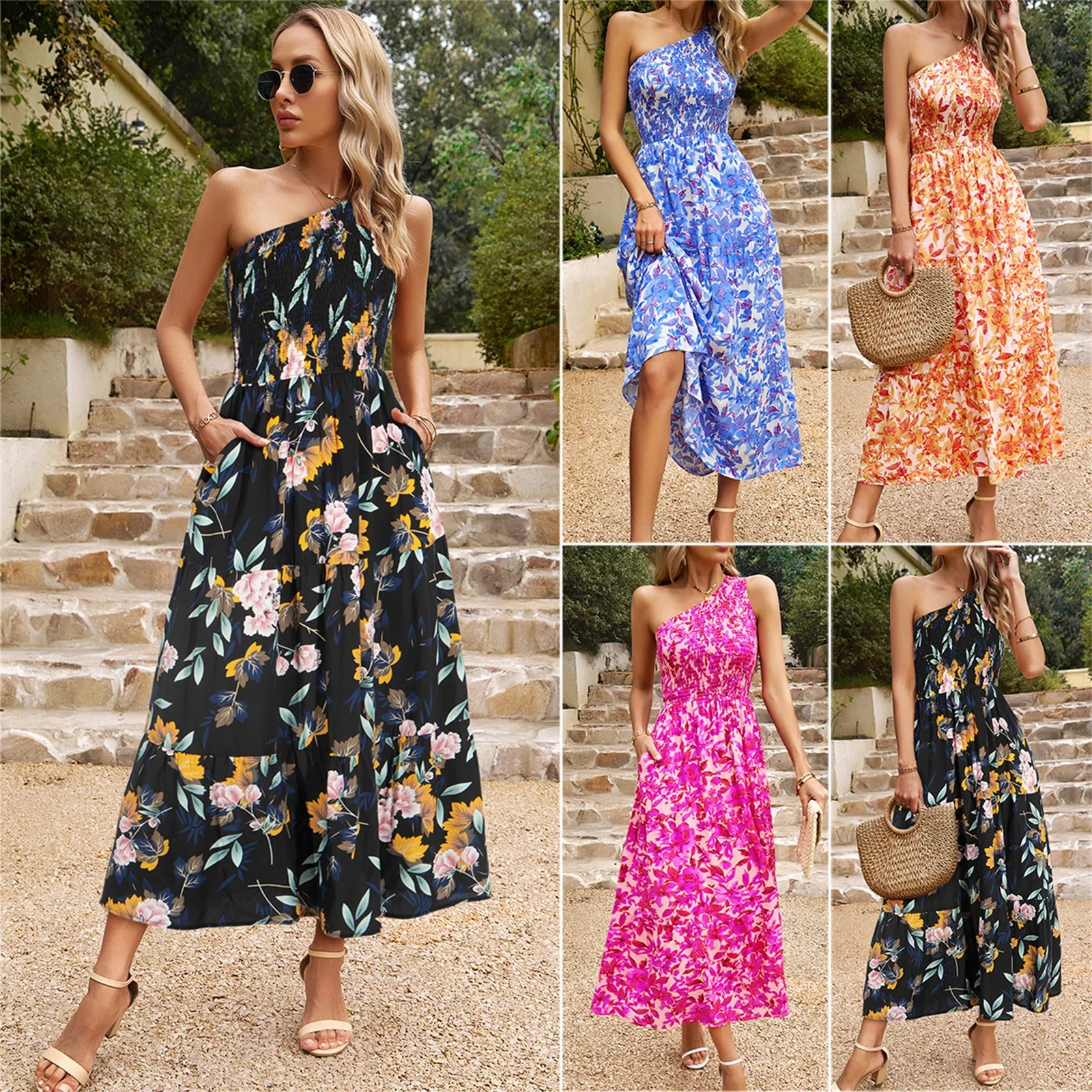 

Women Summer Fashion Inclined Shoulder Plant Print Elastic Waist Fold Patchwork Temperament Elegant Casual Dresss Robe Dresss