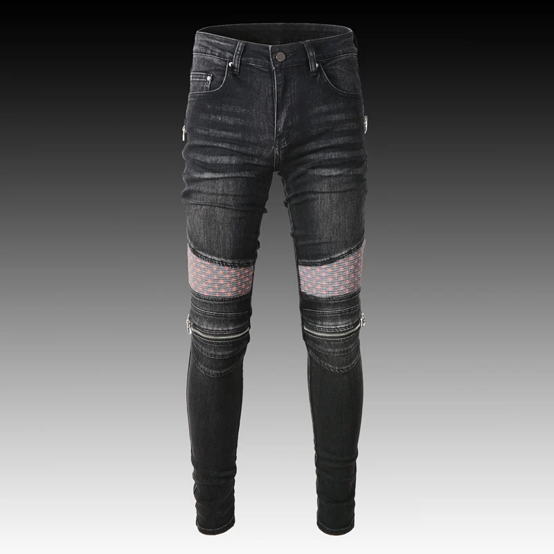 Streetwear Fashion Men Jeans Retro Black Gray Elastic Spliced Designer Biker Jeans Homme Patched Brand Hip Hop Denim Punk Pants