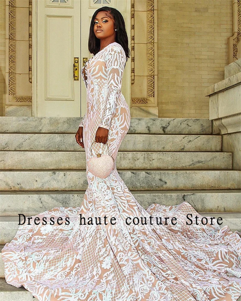 

New Seuqins Mermaid Prom Dresses 2023 For Black Girls Long Sleeve Birthday Party Gowns Plus Size Evening Dress Robe De Bal