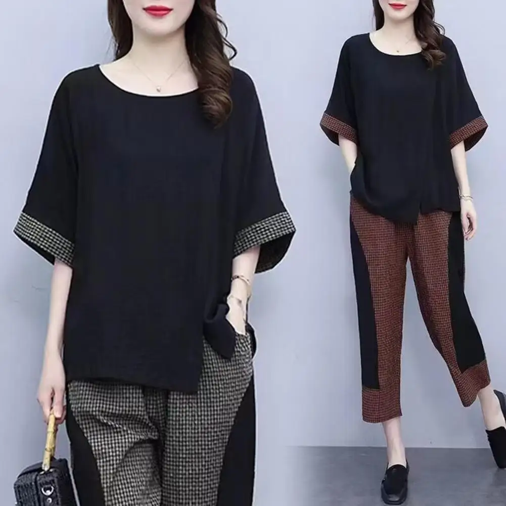 

2 Pcs/Set Chic Women Top Trousers Suit Split Patchwork Women Summer Tracksuit Crew Neck Women T-shirt Pants Set