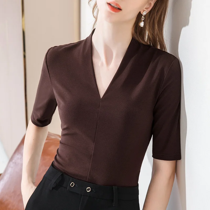 

Womens Top Lady Half Sleeve V-collar Tshirt Solid Color All Match Basic Shirt FW4450