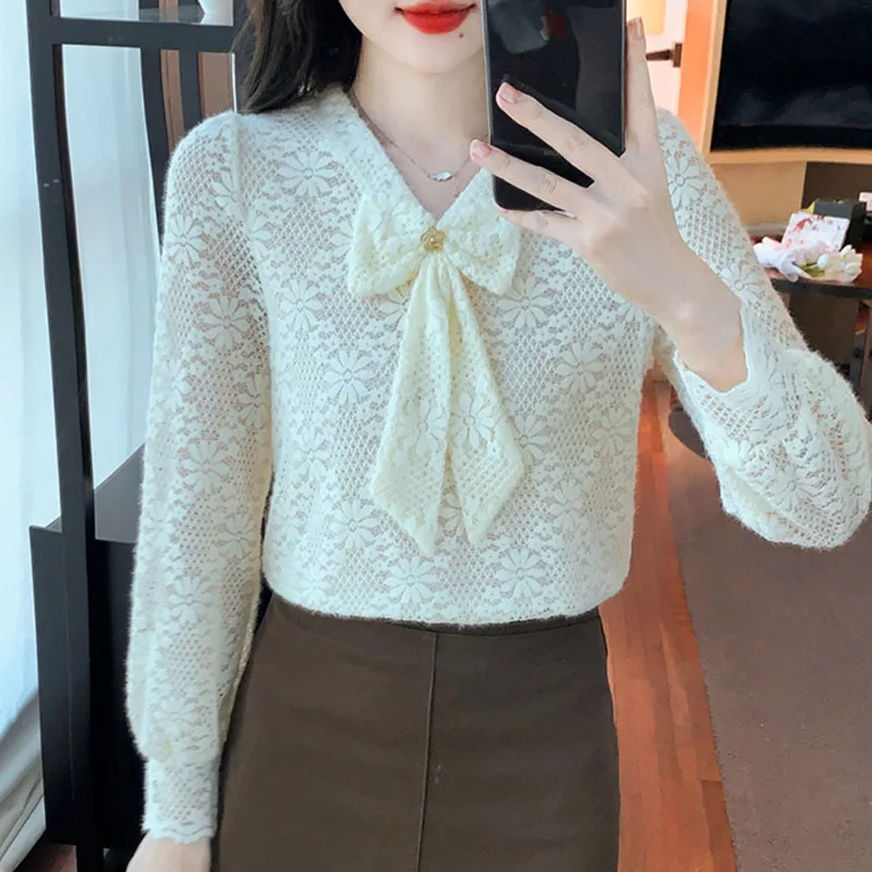 Модная кружевная женская блузка с v-образным вырезом и бантом длинным рукавом