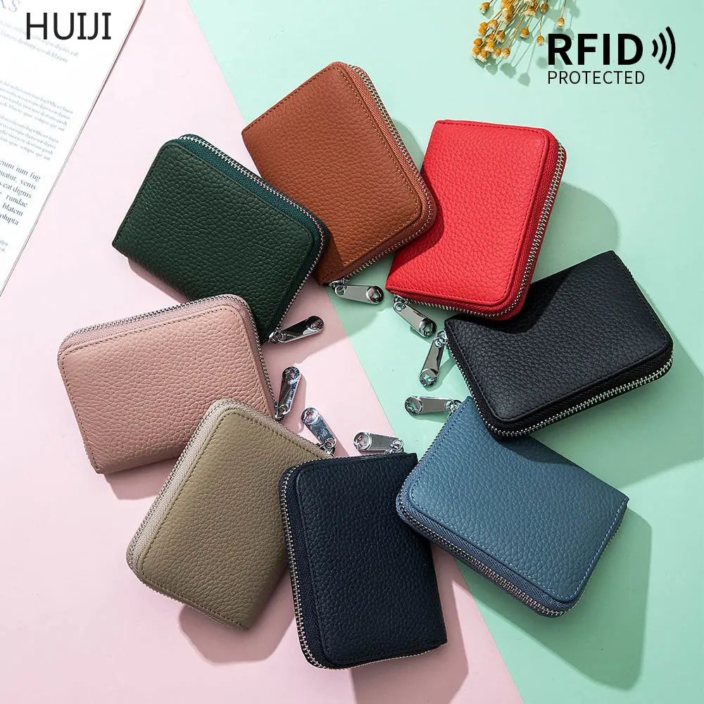 

Rfid Anti Scanning Cardholder Women's Wallet Genuine Leather Credit Card Holder Wallet Coin Purses for Women Small Money Bag Red