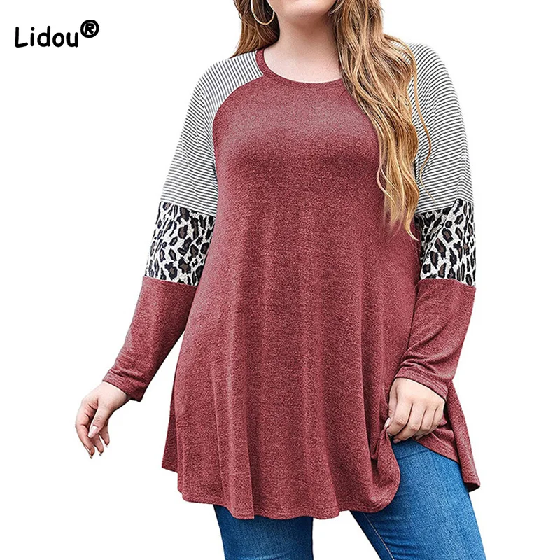 

Повседневная однотонная туника с круглым вырезом, весенний топ с леопардовым принтом в полоску, свободная футболка с длинным рукавом, осенн...