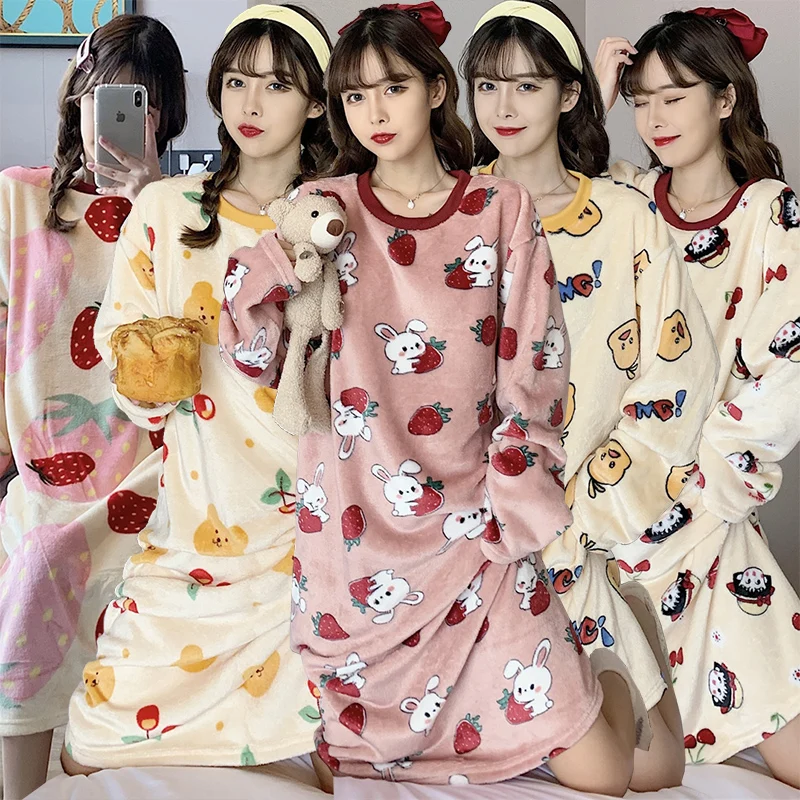 

2022 Winter Long Sleeve Thick Warm Flannel Nightgowns For Women Cute Cartoon Print Coral Velvet Sleepwear Nightdress Night Dress