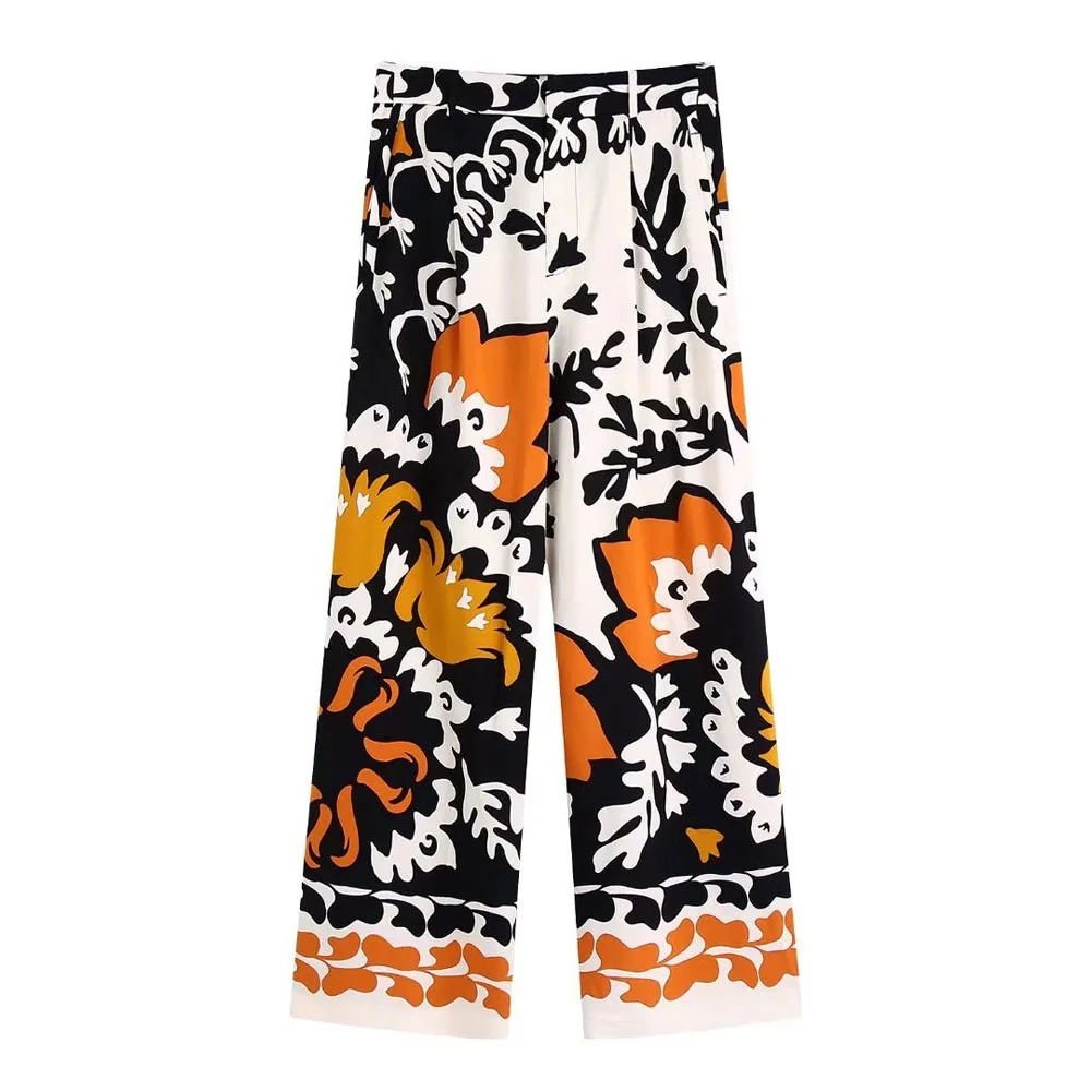 

Huaxiafan Women Fashion Side Pockets Front Darts Printed Wide Leg Pants Vintage High Waist Zipper Fly Female Trousers Mujer