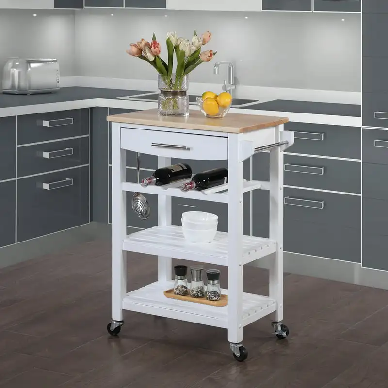 

Ellaine 4 Tier Butcher Block Kitchen Island Cart with Drawer and Wine Rack, White/Butcher Block