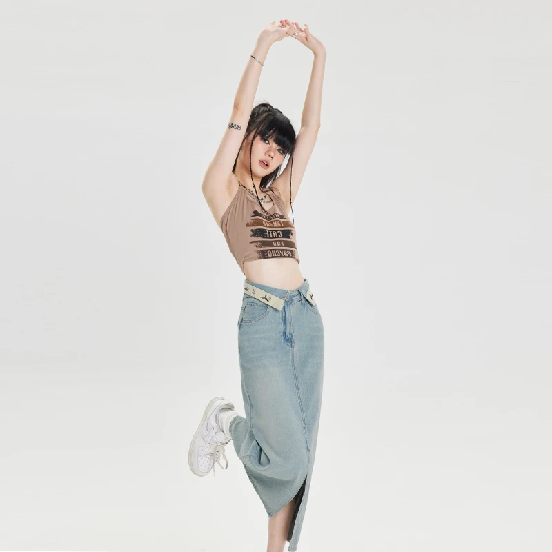 Real time photo of denim skirt for women in summer nostalgic blue commuting retro ruffled embroidery letters high waisted slim