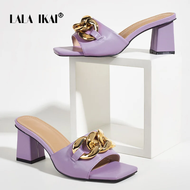 

LALA IKAI NEW Fashion PU Women Shoe Flock Summer Square Heel Peep Toe Slipper Novelty Shallow Metal Decoration Patchwork Elegant