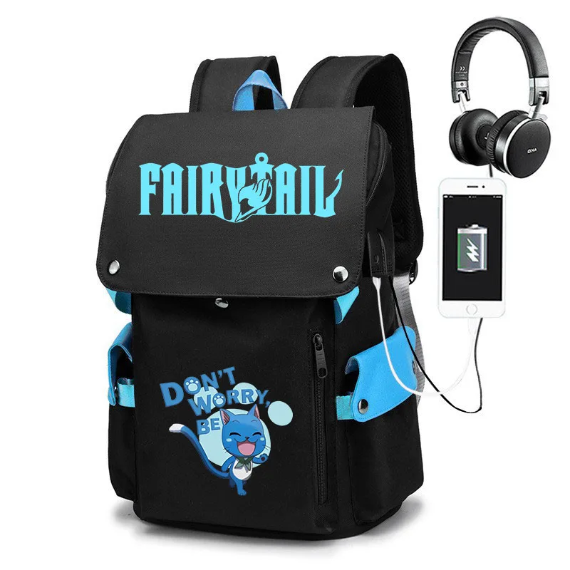 

Fairy Tail Cartoon Printing Bag Outdoor Travel Bag Children Backpack Casual Bag Black USB Bag Teen Student School Bag