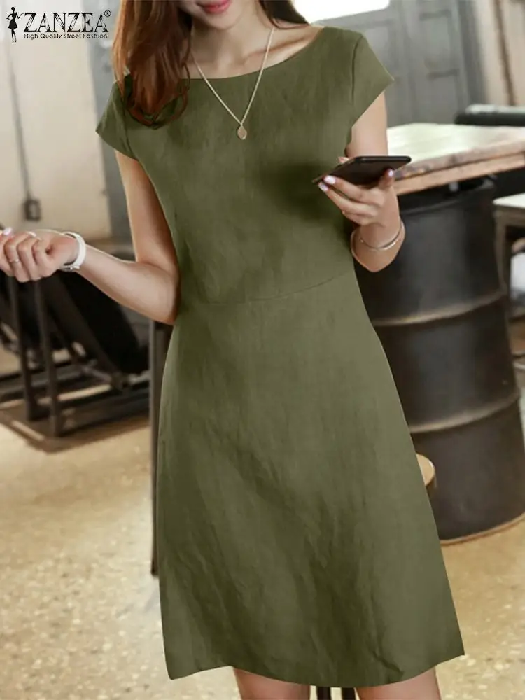 

Fashion Short Dress Women Summer Sundress 2023 ZANZEA Casual Short Sleeve Back V Neck Vestidos Female Solid Robe Femme Oversized