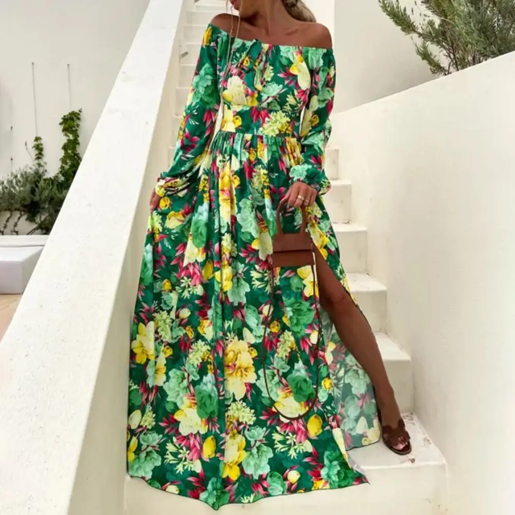 

Women Dress Off Shoulder Waist Tight Side Split Hem Maxi Dress Flower Print Lantern Long Sleeve Women Dress Female Clothing