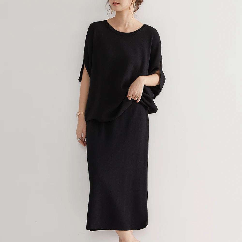 

Women Two Piece Sets Black Plain Casual Tops Straight Split Skirt 2pcs Setup Fashion Elegant Girl Office Lady High Street Party