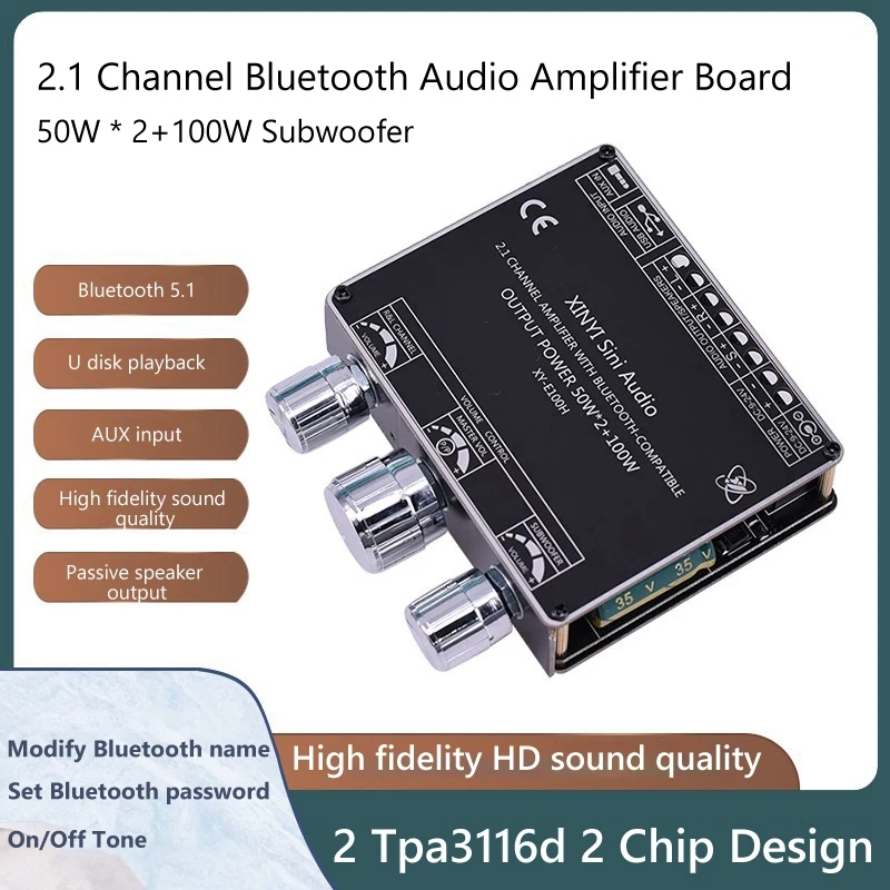 

XY-E100H Digital Bluetooth Audio Amplifier Board Subwoofer 50Wx2+100W 2.1Channel TPA3116D2 Audio Power Amplifier Module