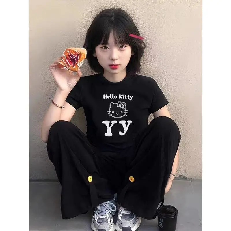Sanrio Hello Kitty милая летняя футболка из чистого хлопка новая облегающая Y2k Sweet Spicy Girl
