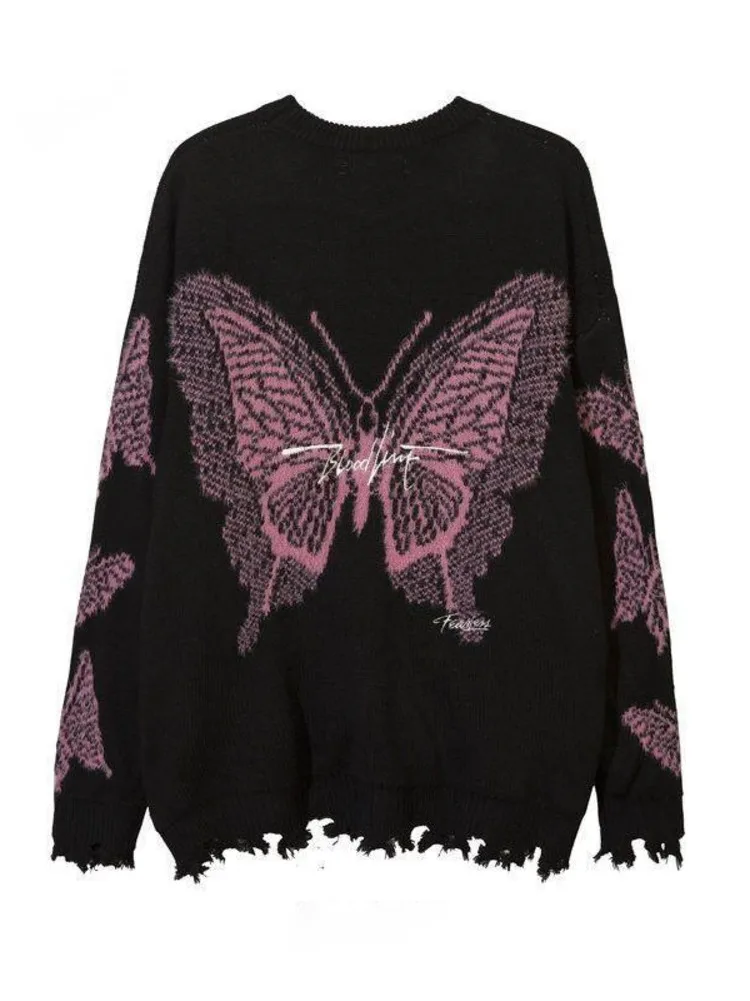 

Y2k жаккардовая одежда с бабочками в стиле панк готика с длинным рукавом повседневные свободные женские пуловеры Harajuku винтажная уличная одежда вязаные свитера