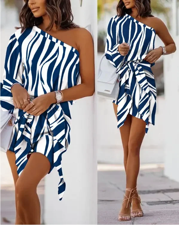 

Blue Casual Womne Zebra Stripe Print One Shoulder Tied Detail Dress 2022 Summer Fashion New Office Lady High Waist Mini Dress