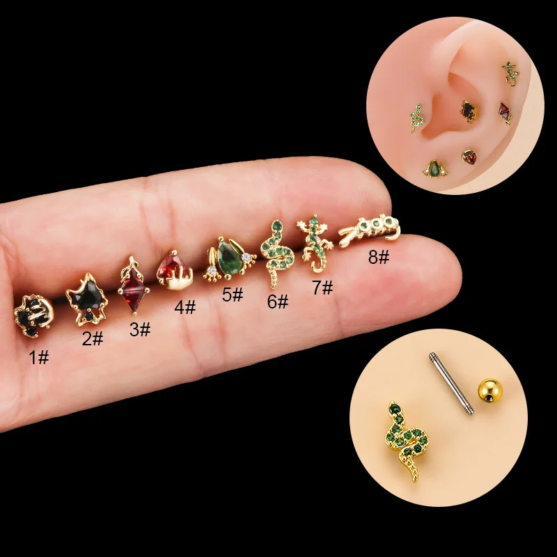 

1Piece Red Green Zicon Piercing Mini Animal Stud Earrings for Women Trend Ear Bone Stud Gecko Snake Shaped Stud Earrings