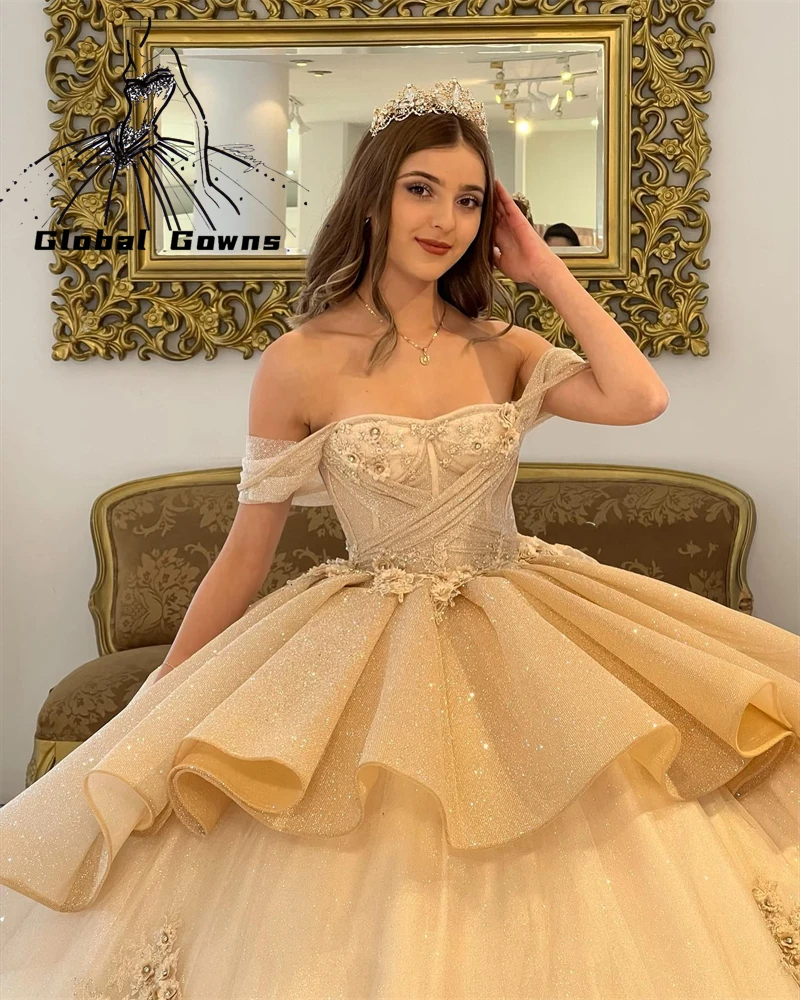 

Champagne Off The Shoulder Ball Gown Quinceanera Dresses For Girls Beaded Celebrity Party Gowns Pleats Tiered Graduation Vestido