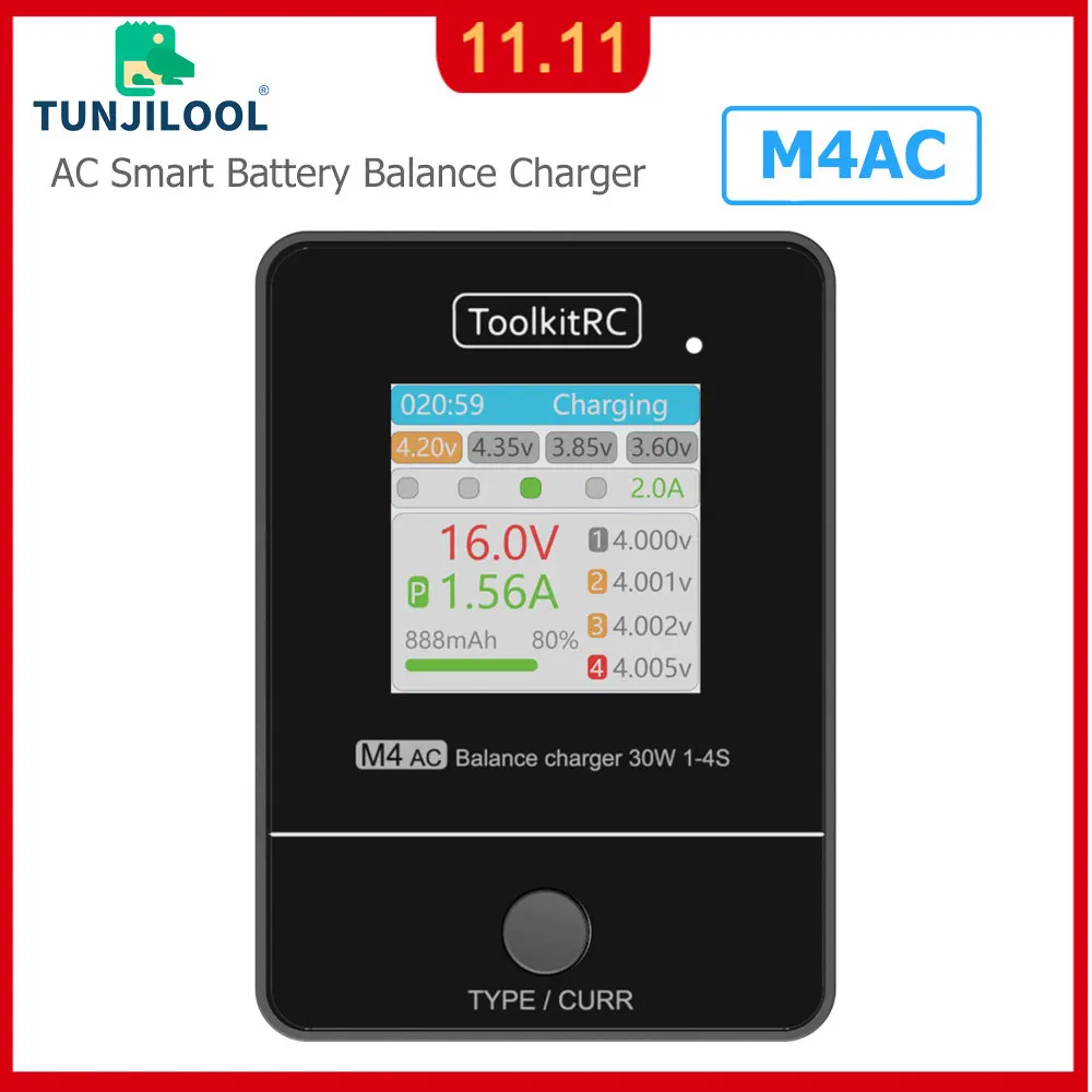

ToolkitRC M4AC 30W 2.5A AC Smart Battery Balance Charger XT30/XT60 Output for 1-4S LiPo LiHV LiFe Battery 100-200V Wide Range