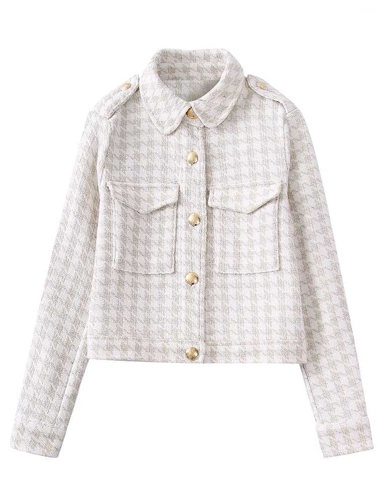 

2022 ZA Women Fashion Office Lady Style Plaid Tweed Single Breasted Coat Casual Lapel Collar Long Sleeve Jackets Outerwear