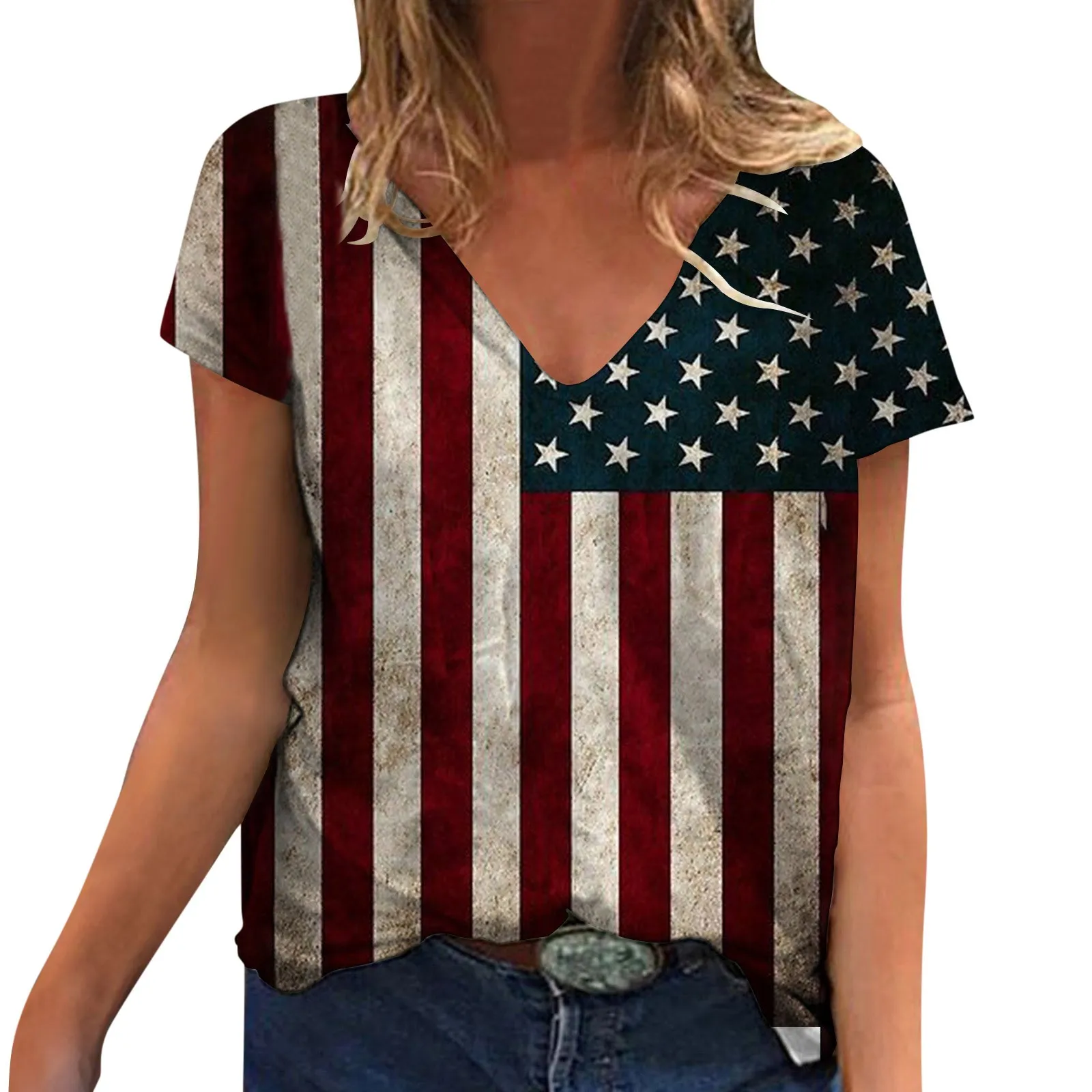 

Summer Womens American Flag Printed Casual T Shirt Tops Short Sleeve V Neck Tee Shirt Femme Loose Tunics Shirts Tee Vetement Fem