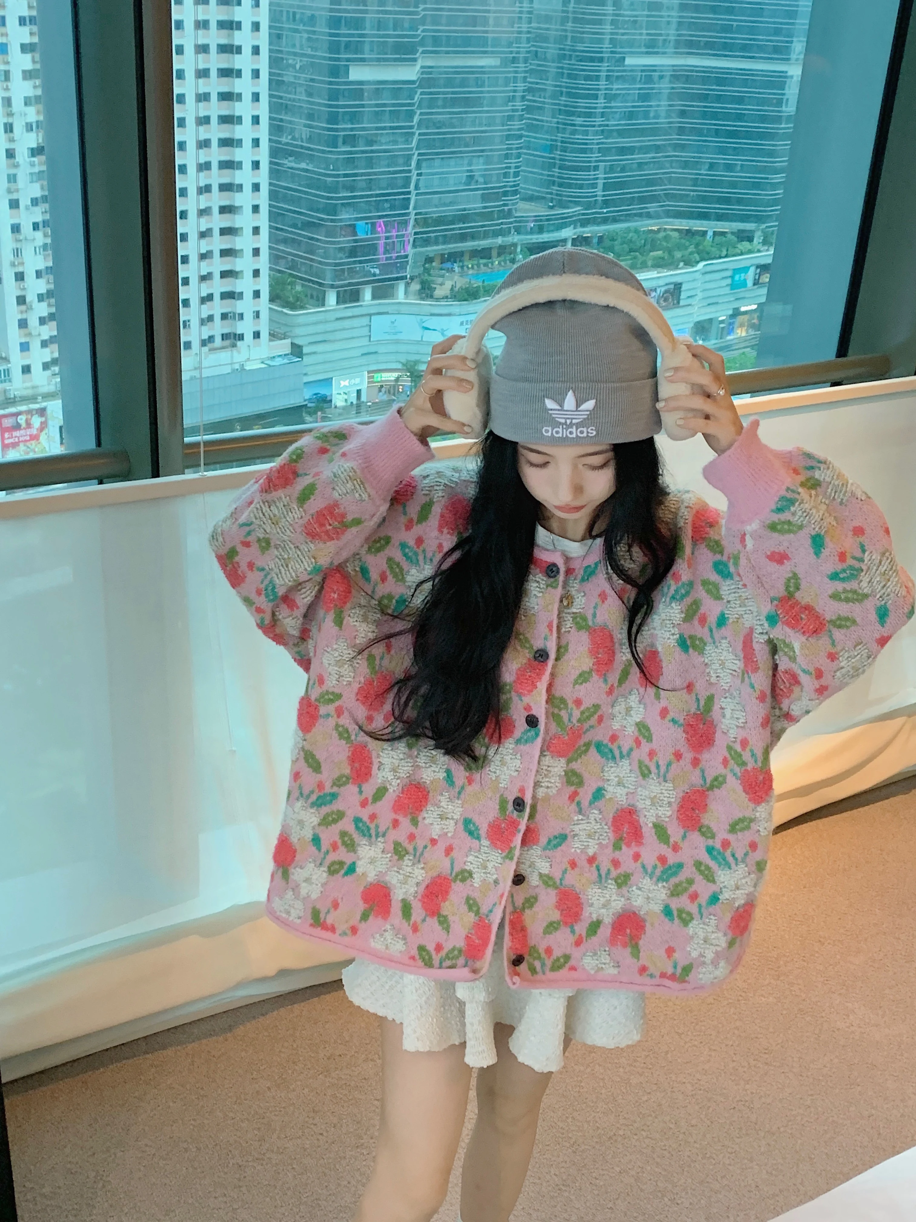 Женский трикотажный свитер с длинным рукавом Розовый однобортный Кардиган в