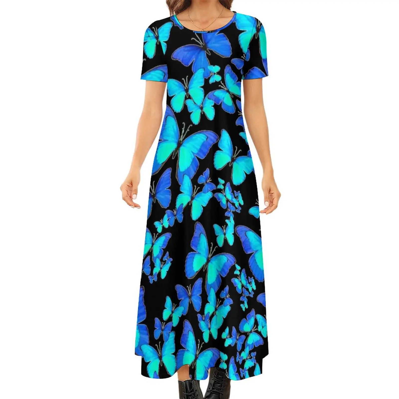 

Женское длинное платье с коротким рукавом, голубое платье-бабочка в стиле абстрактного животного, элегантное уличное платье большого размера в богемном стиле