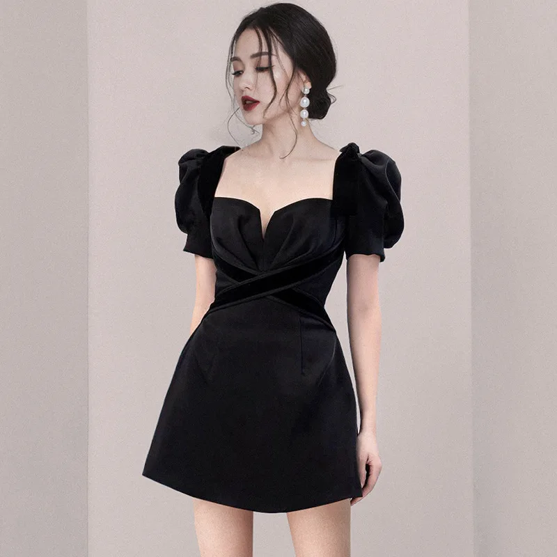 

Puff Sleeve Black Summer Mini Dress Women Square Collar High Waist Party Dress Office Lady Luxury A-Line Designer Elegant C065
