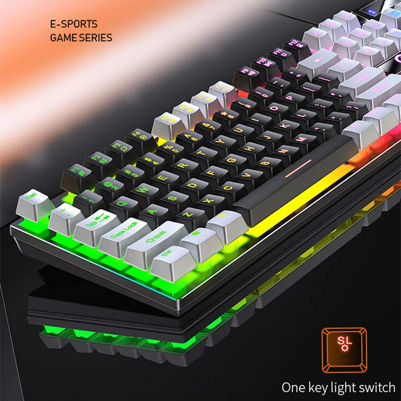 Colorful Matching USB Wired Gaming Keyboard Mechanical Feel Rainbow White Backlit Keyboard for PC Gamer Desktop Ergonomic