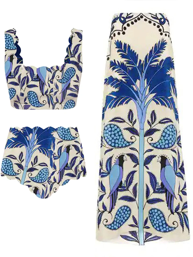 

Vintage Blue Coconut And Bird Art Print Fashion Shoulder Fold Two-piece Style Women's Comfortable Bikini Swimsuit Long Cover Up