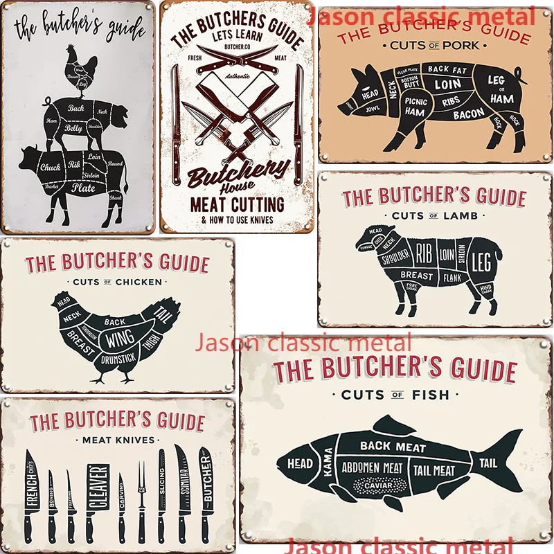 Руководство мясника, курица/свинина/Говядина/индейка, ретро украшение, металлический постер, жестяной знак для букетника