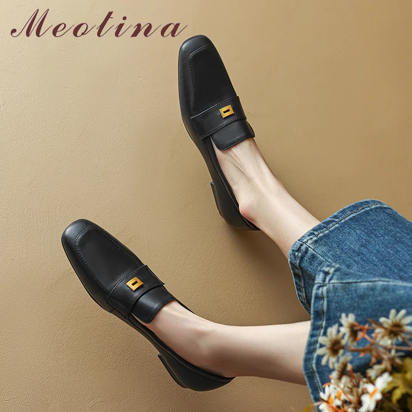

Meotina Women Genuine Leather Loafers Round Toe Flat Metal Decoration Shoes Fashion Ladies Casual Footwear Autumn Spring Brown