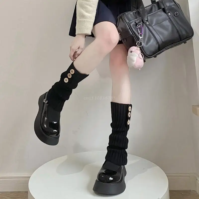 

Women Gothic Ribbed Knit Leg Warmers with Buttons Harajuku Preppy Style Lolita Student Boot Cover Socks School Stockings