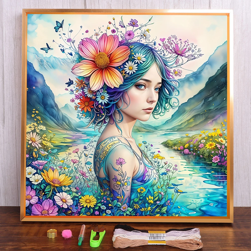 Portrait Girl Flower Pre-Printed Cross Stitch Set DIY Embroidery Knitting Handicraft Craft Handiwork Mulina Wholesale Room Decor