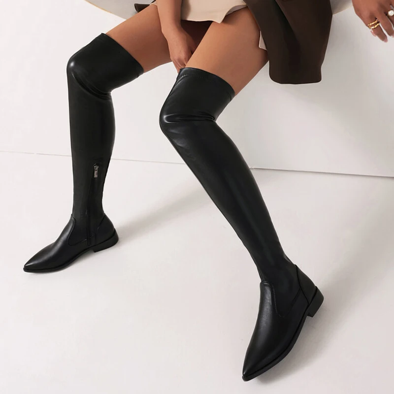 Stretch Skintight Women Flat Long Boots Pointed toe Over Knee High Flats Shoes Wide Leg Size 48 Big Feet Ladies Booties