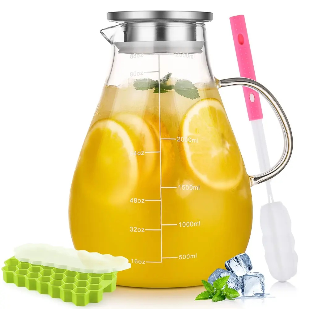

88oz Glass Pitcher with Lid and Brush, Water Jug, Clear