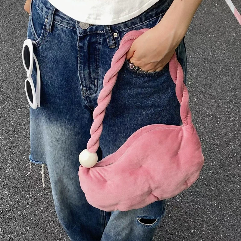 

Velvet Pea Shaped Shoulder Bag Women's Puffy Padded Handbag Twist Strap Underarm Bag Ladies Winter Acrylic Beads Top-Handle Bags